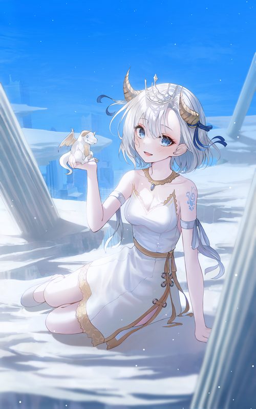 Anime girl with horns and dragon in snowy ruins