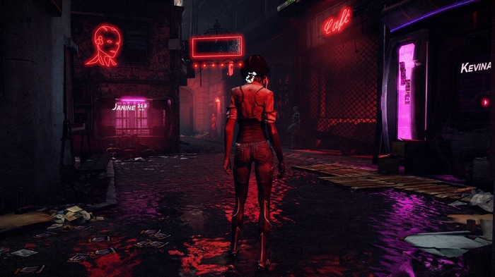 Nilin in a neon-lit cyberpunk city street