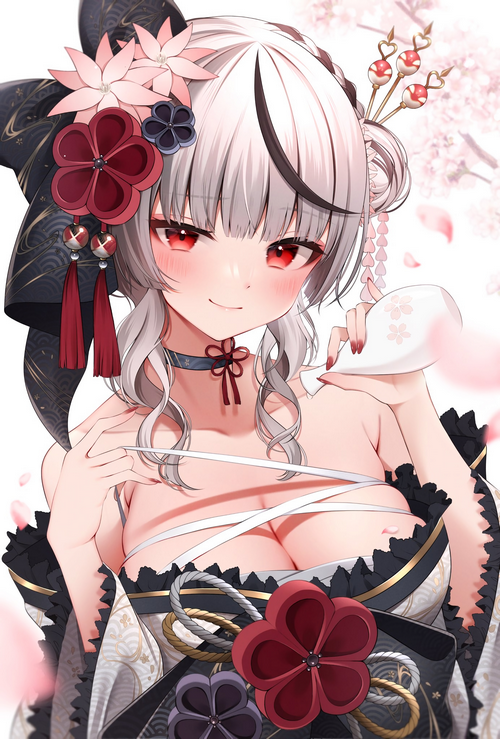 Anime girl with silver hair and red eyes in kimono