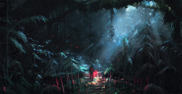 4K dark fantasy forest path at night