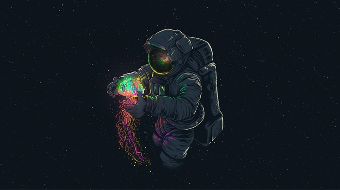 Astronaut holding a glowing jellyfish in space