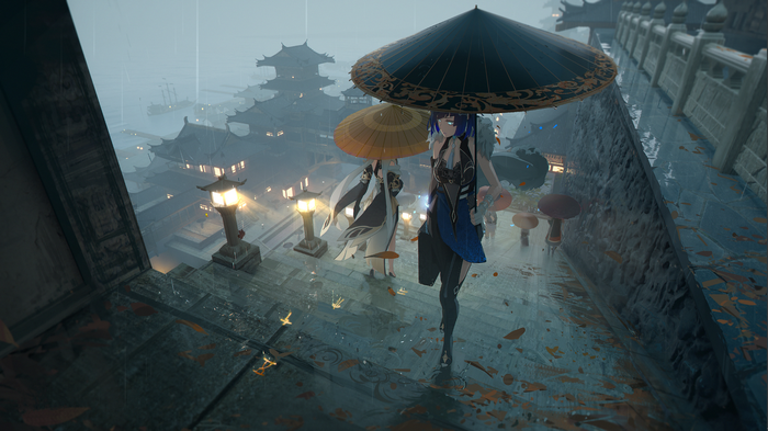 Yelan and Ningguang under umbrellas in Liyue Harbor during rain