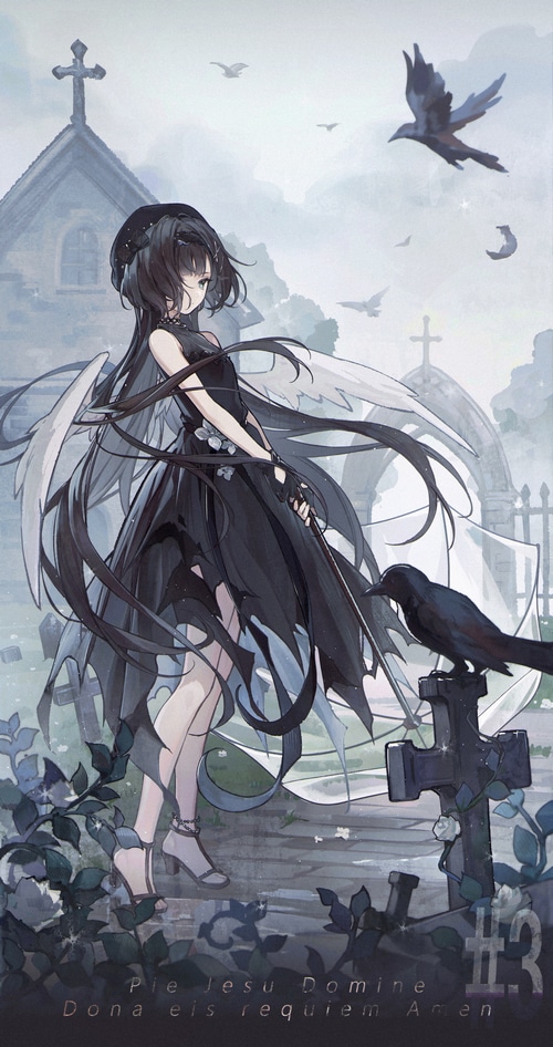 Shuoyue Saku with wings and crows in a graveyard