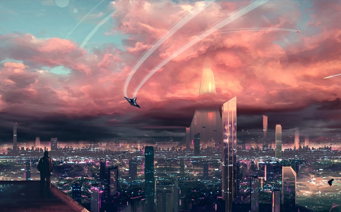 Cyberpunk cityscape with a person overlooking the city and flying vehicles