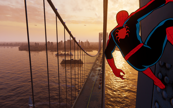 Spider-Man on a suspension bridge at sunset