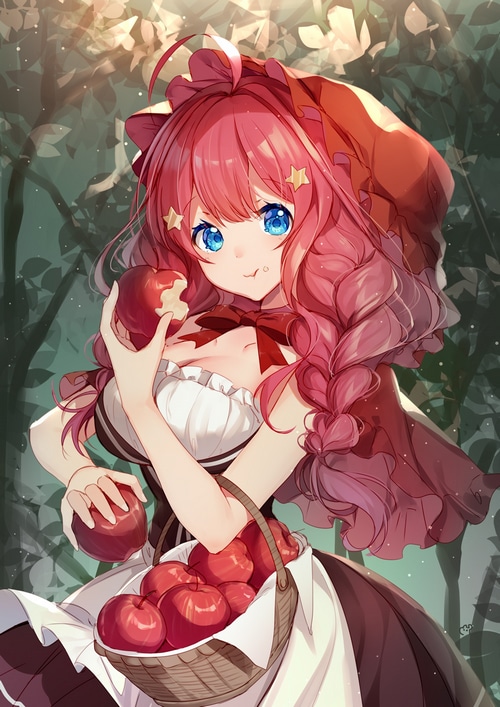 Anime girl in red hood eating apples