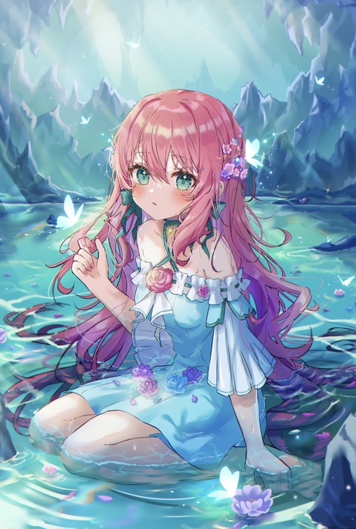 Anime girl with pink hair sitting in water with butterflies