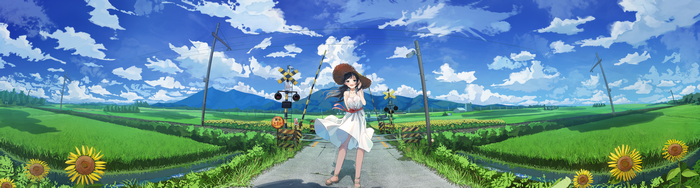 Girl in a straw hat at a railroad crossing with sunflowers