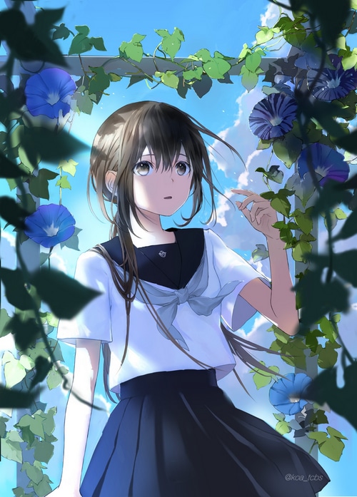 Girl in school uniform with morning glories