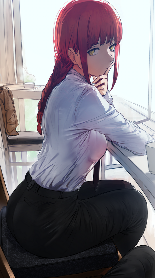 Makima from Chainsaw Man sitting by a window