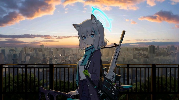 Blue Archive character with a rifle overlooking a cityscape