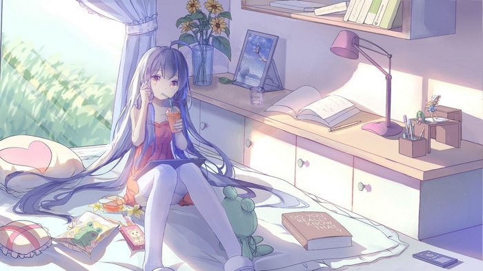 Girl with long purple hair drinking from a cup