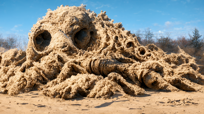 Sculpture of a skull in a desert landscape