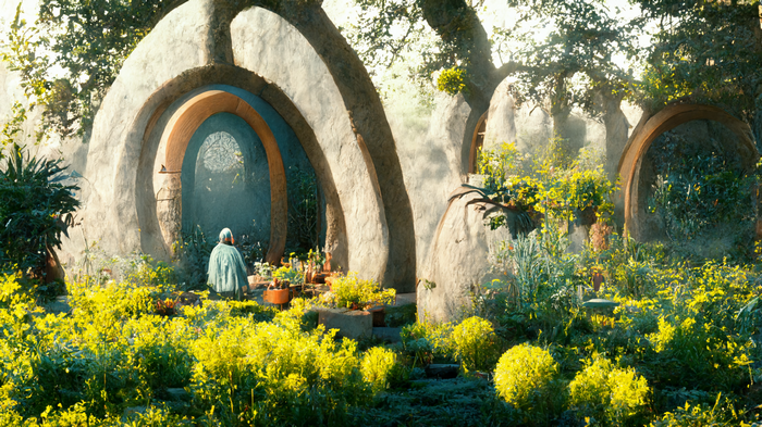 Fantasy architecture in a lush garden with a witch
