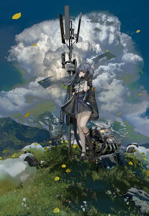 Anime girl with headphones near a cell tower