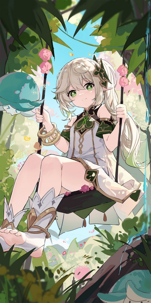 Genshin Impact Elf Girl on a Swing in Forest