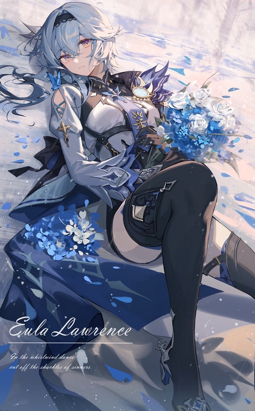 Eula Lawrence from Genshin Impact lying down with flowers