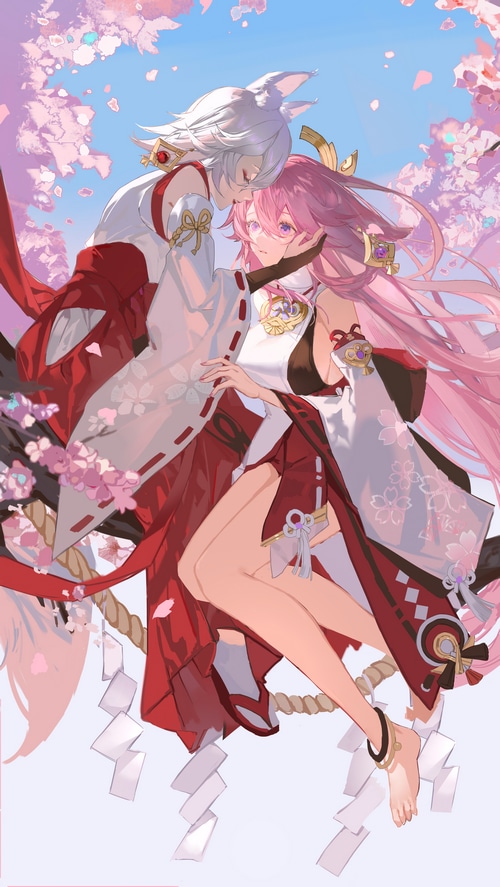 4K Yae Miko and fox girl artwork