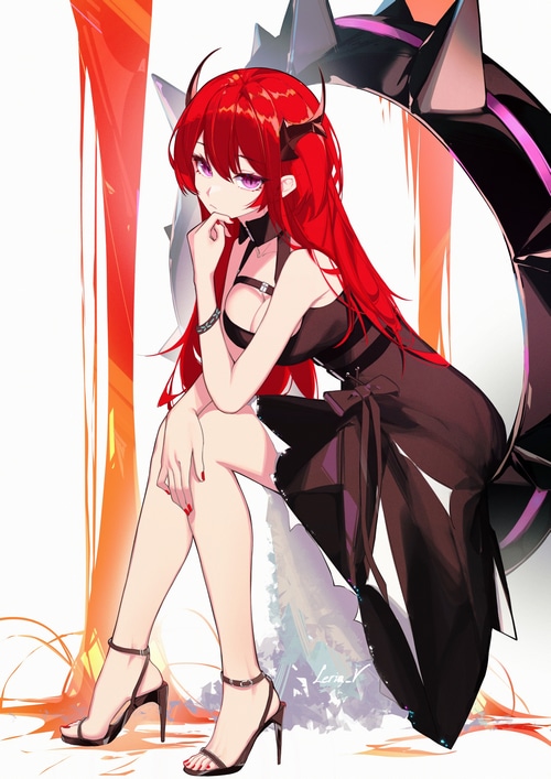 Surtr from Arknights with red hair and purple eyes
