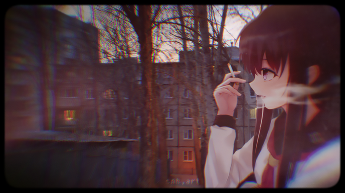 Anime girl in school uniform smoking outside apartment buildings