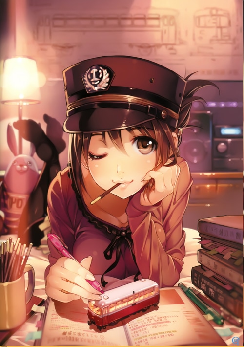 Girl in a train conductor hat studying