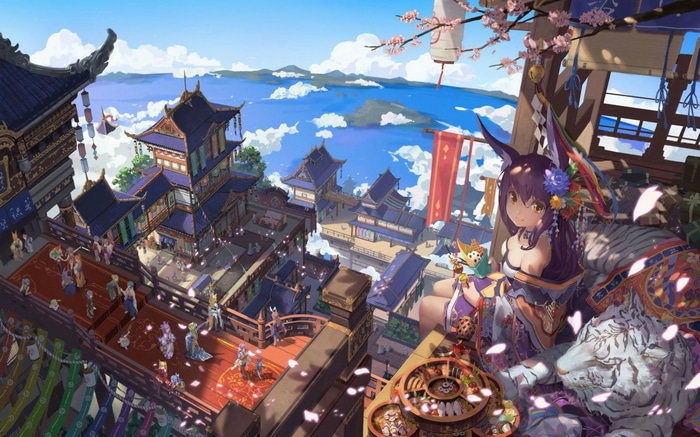 Anime girl with animal ears and tiger in a Japanese city