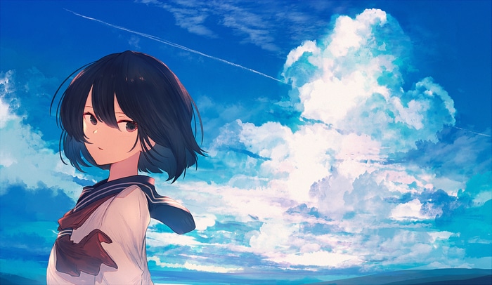 Schoolgirl in uniform against a cloudy blue sky