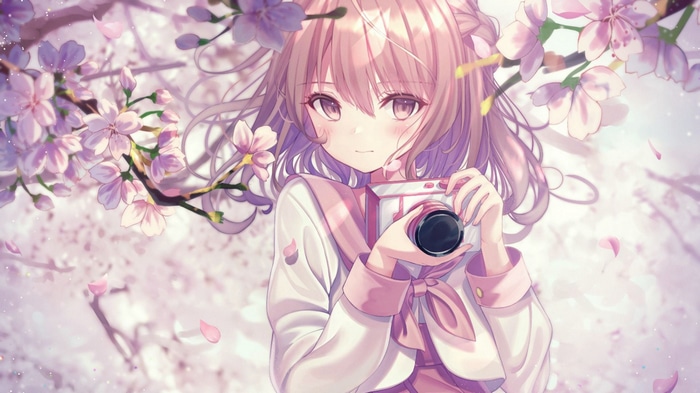 Anime girl with pink hair holding a camera under cherry blossoms