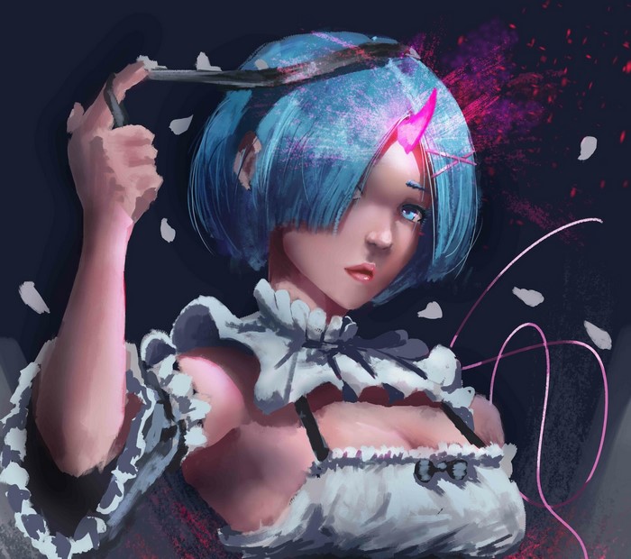 Rem from Re:ZERO with a pink horn