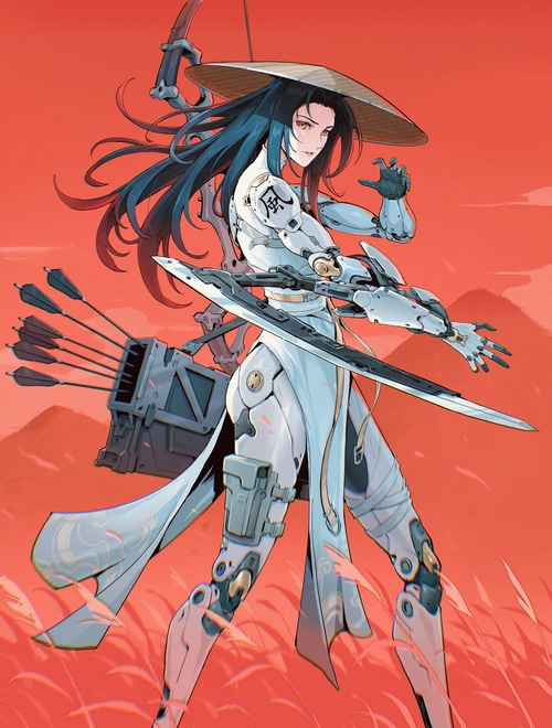 Futuristic cyborg woman with bow and arrows