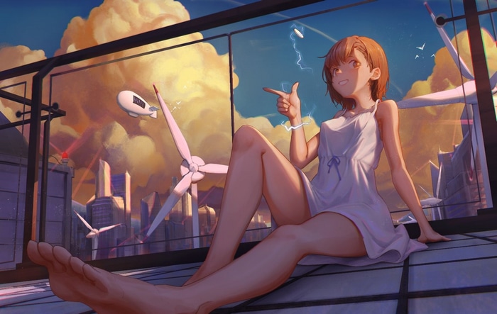 Misaka Mikoto sitting on a rooftop with city background