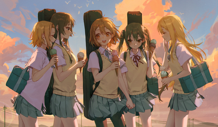 K-ON! girls eating ice cream at sunset