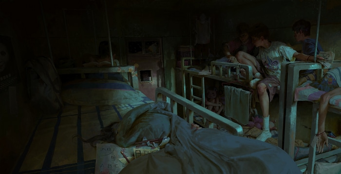 Children in a dark, messy dormitory