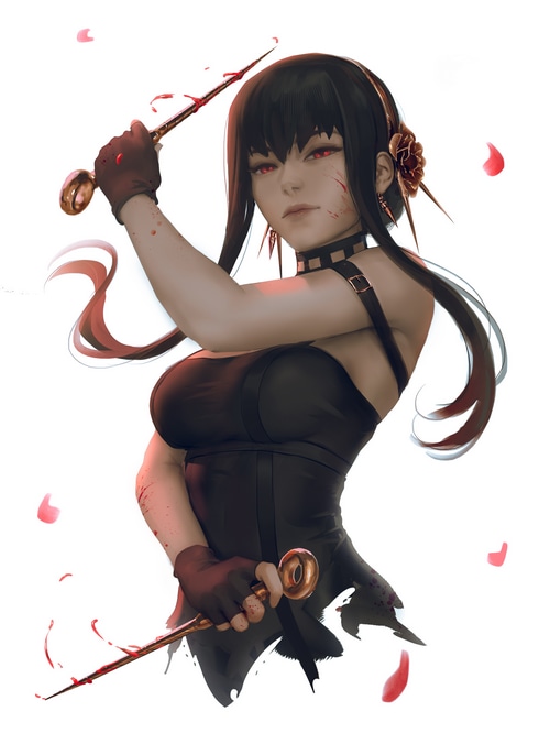 Yor Forger with daggers and red petals
