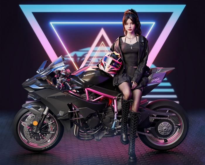 Woman in black clothing on a Kawasaki Ninja motorcycle