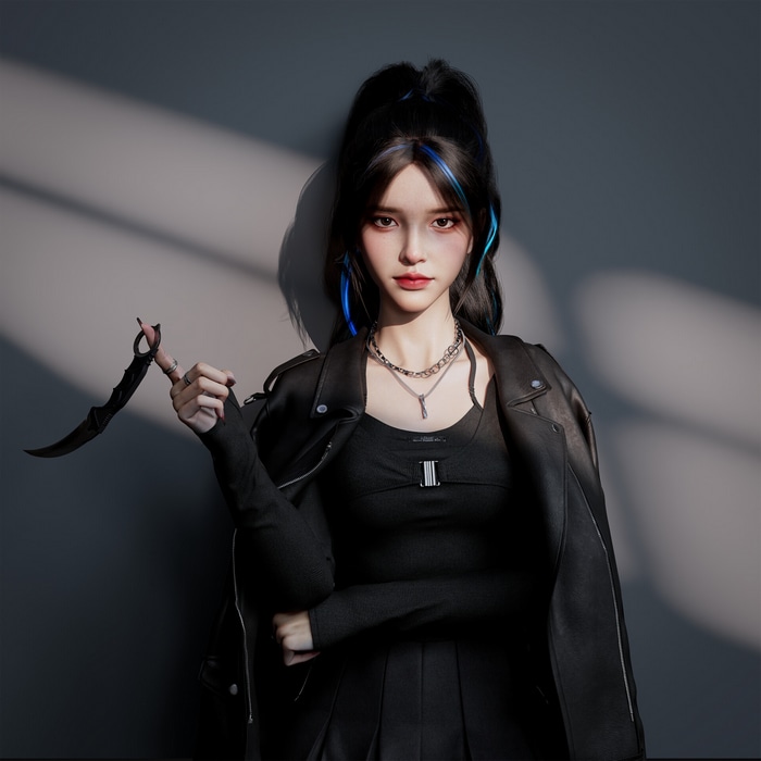 Woman in black leather jacket holding a knife