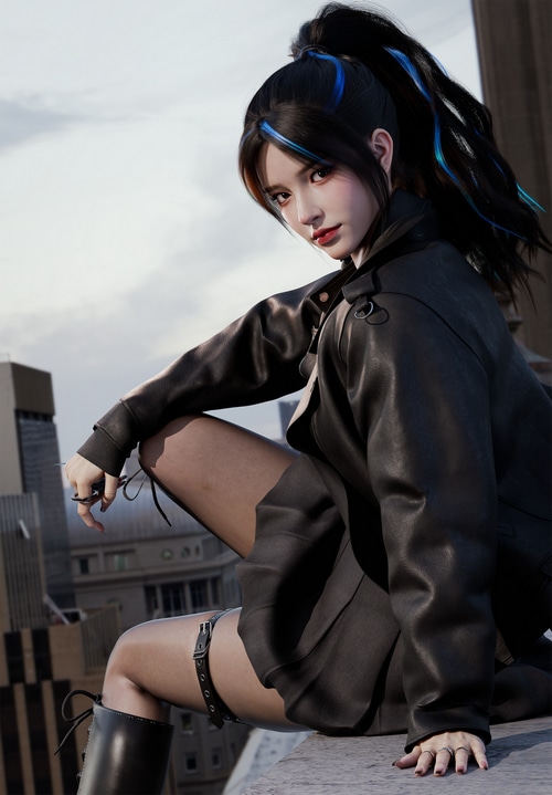 Shuai Liu in a black leather jacket on a rooftop