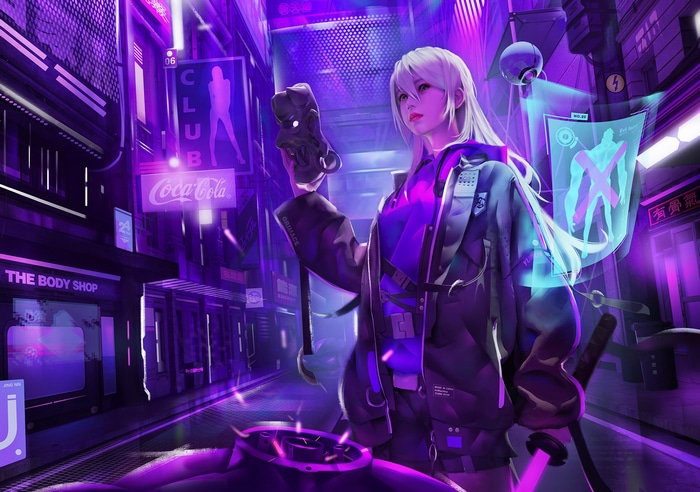 Cyberpunk girl with mask and sword in neon city