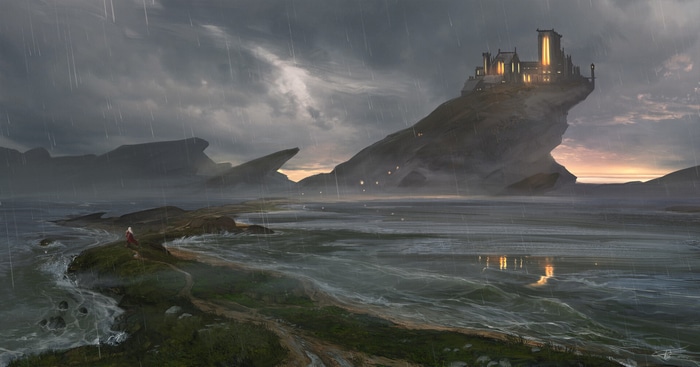 Fantasy castle on a cliff during a rainstorm