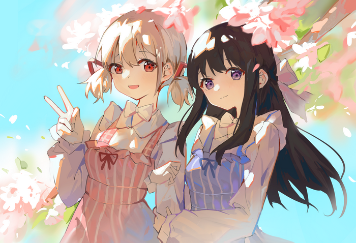 Lycoris Recoil fan art of Chisato and Takina with flowers