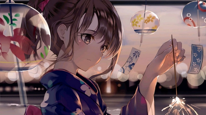 Girl in Yukata Holding Sparkler with Wind Chimes