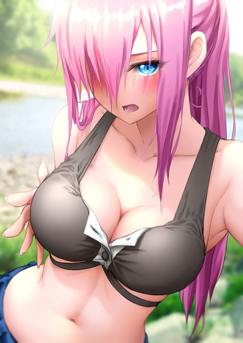 Shikimori Kamiya in a bikini by the water
