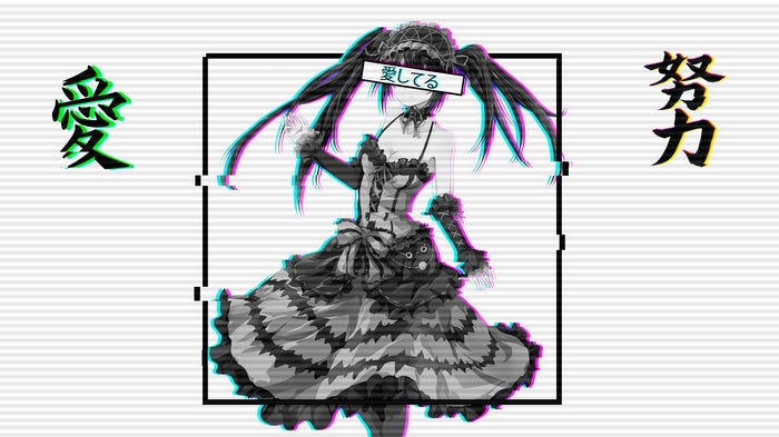 Tokisaki Kurumi glitch art with Japanese text