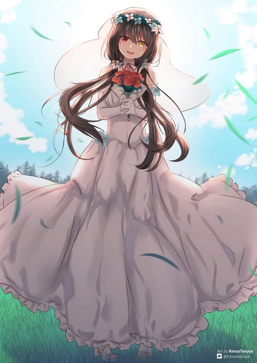 Tokisaki Kurumi in a Wedding Dress Holding Flowers