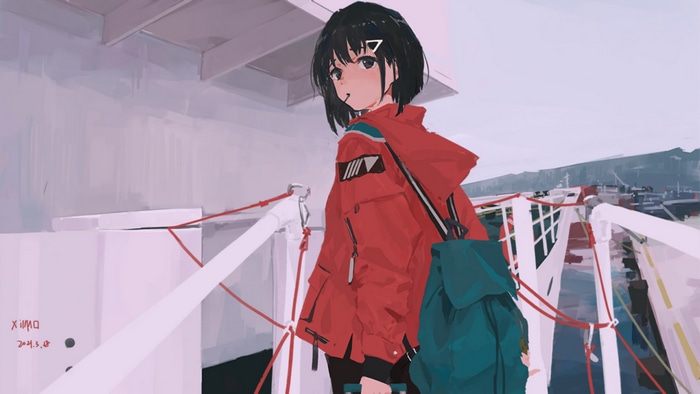Anime girl in red jacket on a boat