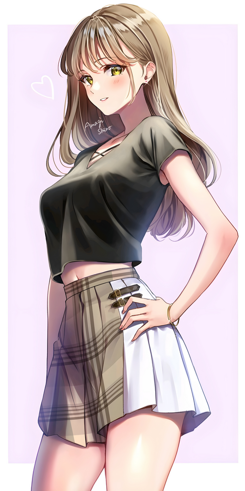 Anime girl with blonde hair wearing a crop top and skirt
