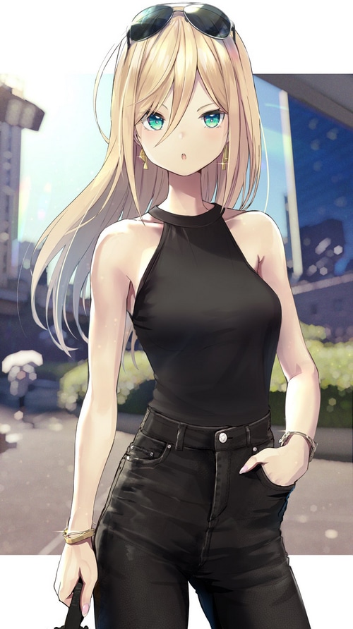 Woman with blonde hair and sunglasses in black outfit