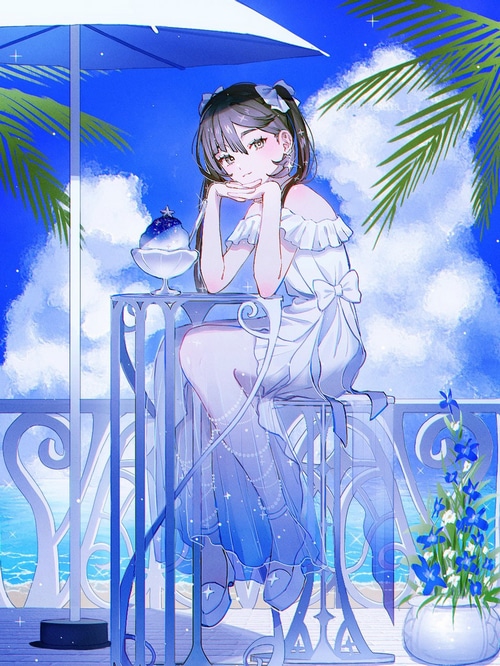 Mona enjoying shaved ice by the sea