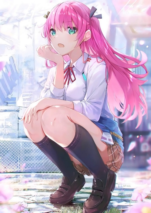 Anime girl with pink hair in a school uniform squatting