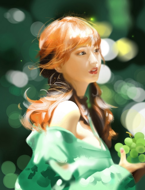 Painting of a fantasy girl with grapes